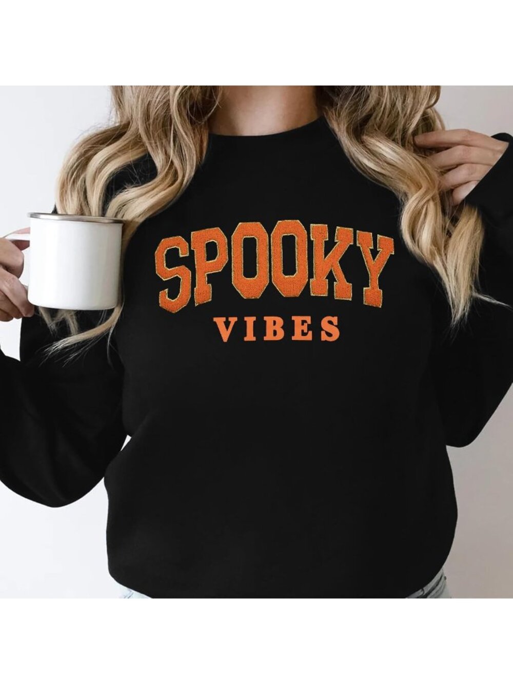🆕 Women's Black Spooky Vibes Orange Graphic Oversized Crewneck Pullover - Picture 6 of 6
